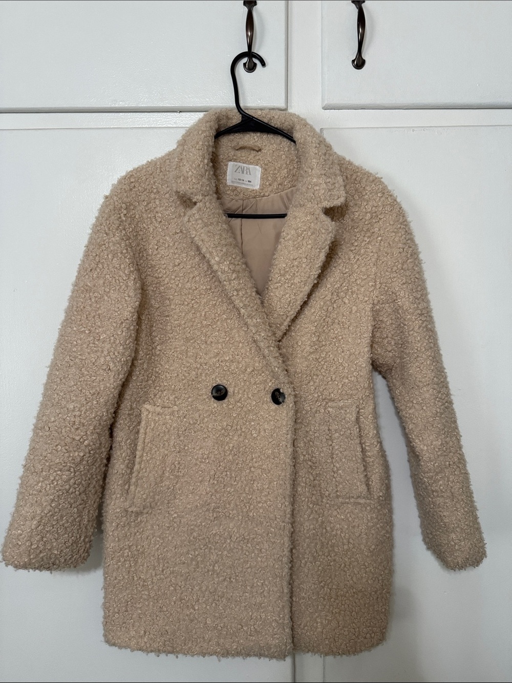 Zara Beige Teddy Bouclé Coat with Double-Breasted Buttons